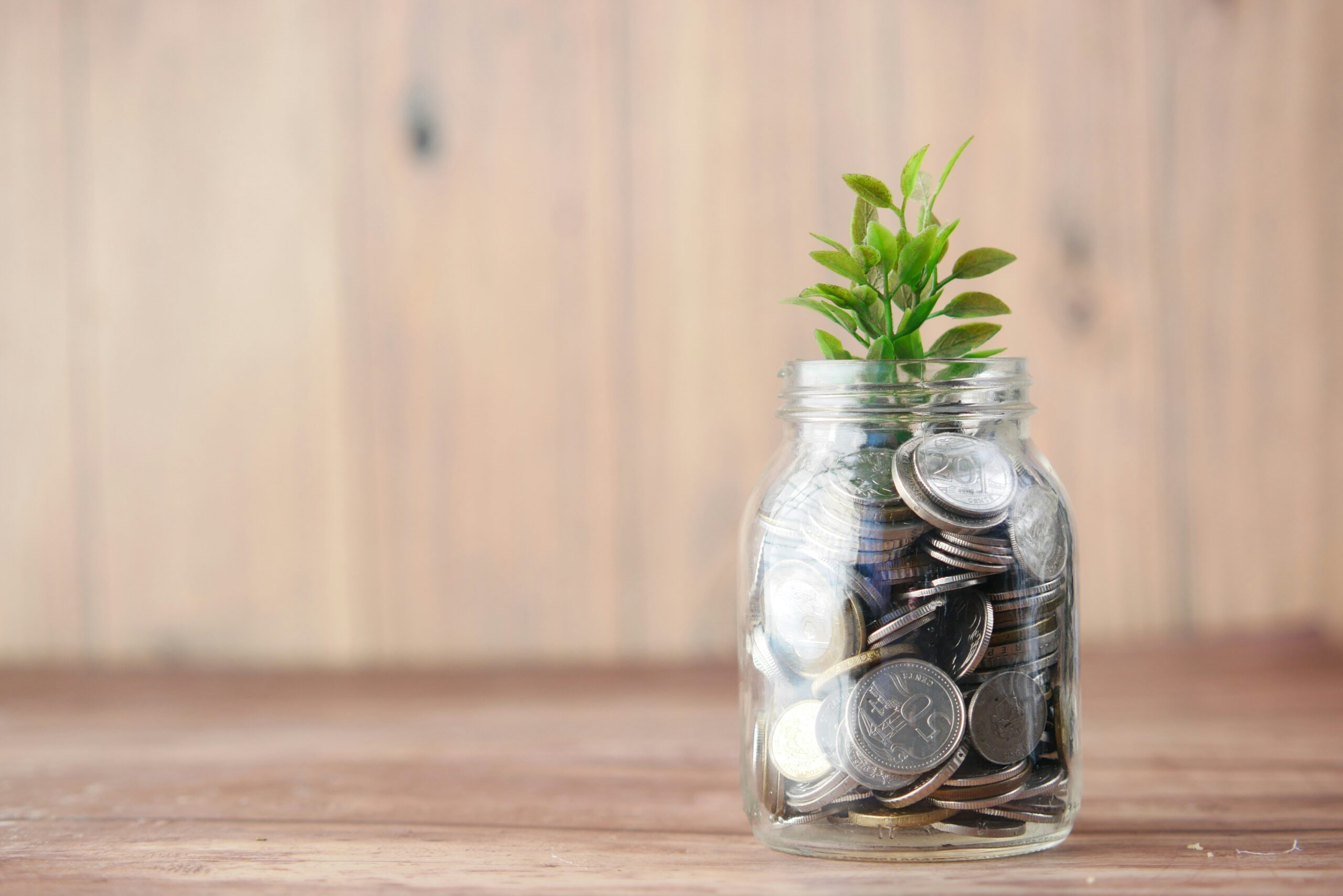 Glass jar with coins and a small plant representing savings growth